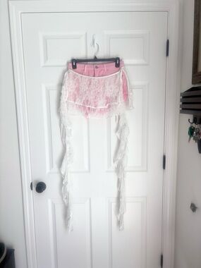 Y2K Pink Denim Lace Ruffle Shorts - Coquette Fairycore Streamers